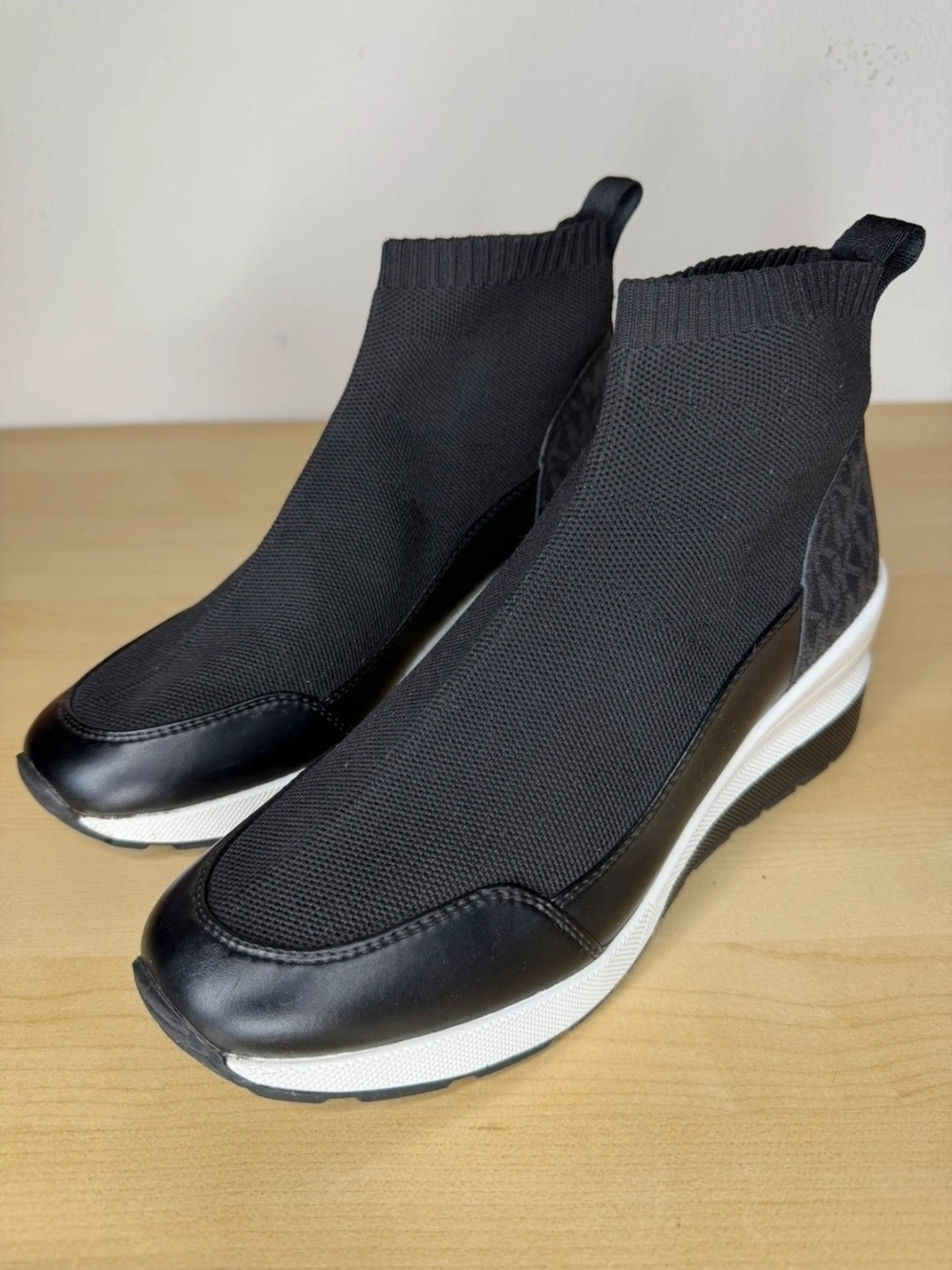 Michael Kors Black Knit Slip-On Wedge Sneakers Michael Kors